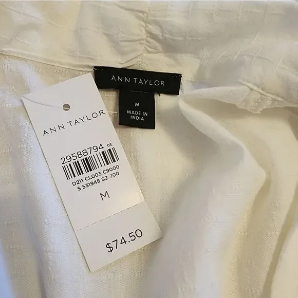 Ann Taylor Ivory Short Sleeve Neck Tie Blouse, Medium - Picture 8 of 15